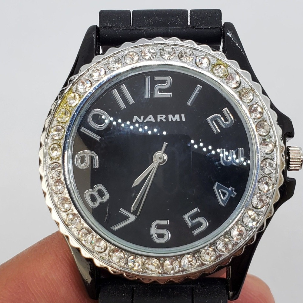 Women's Watch 38MM Black Dial Black Plastic‎ Bands Crystal Bezel New Battery